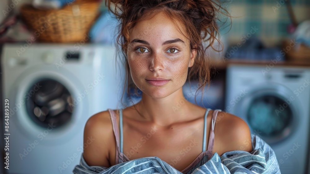 Wall mural A serene, freckled young woman wrapped in a shawl, standing in a modern laundry room with washing machines, capturing the calm and simplicity of home life.