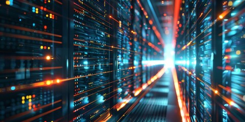 A computer server room with a blue and orange light