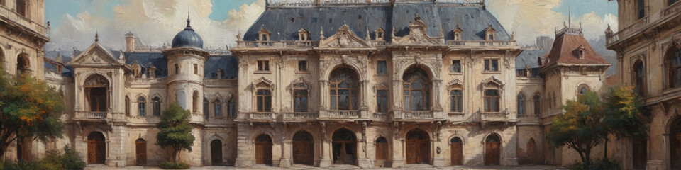 Fototapeta premium A dynamic oil painting on canvas of a bustling urban center, where thick, raised layers of paint capture the mix of architecture and the energetic pulse of the city, Generative AI.