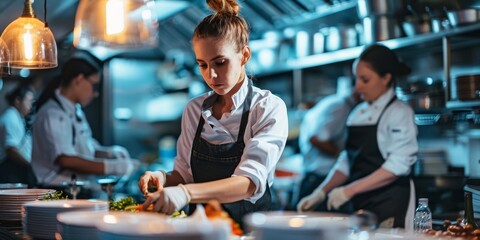A woman is preparing food in a kitchen with other people