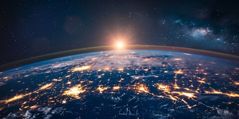 Obraz premium A view of the Earth at night, with the sun rising in the distance