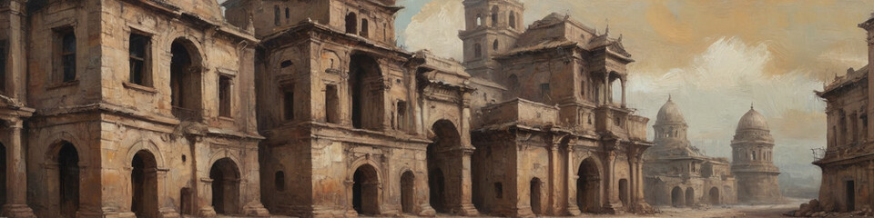 This oil painting on canvas depicts a surreal blend of ancient and modern architecture, with thick paint layers and prominent textures adding depth and contrast to the structures, Generative AI