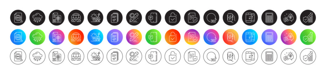 Idea, Calculator and Project edit line icons. Round icon gradient buttons. Pack of Phone communication, 360 degrees, Phone message icon. Lock, Charging app, Seo file pictogram. Vector