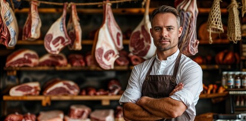 Portrait of a confident male butcher in his shop