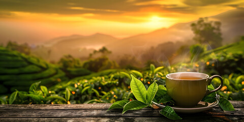 A cup of hot tea in front of a tea plantation