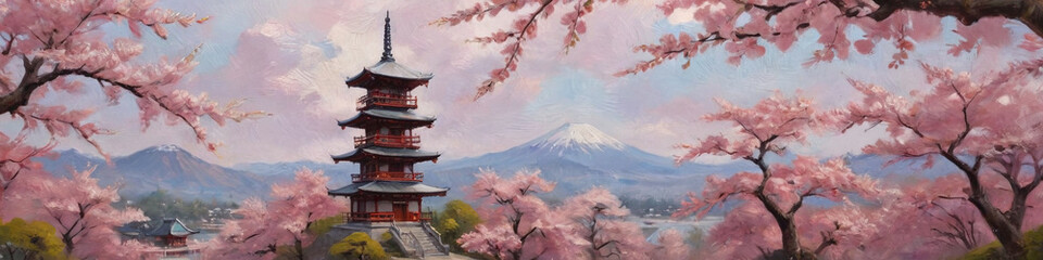 A traditional Japanese pagoda set against a backdrop of cherry blossoms in full bloom, rendered in rich, impasto oil paint to bring out the vibrant colors and depth, Generative AI