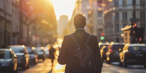 A man wearing a suit and a backpack walks down a busy city street