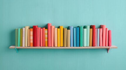 Naklejka premium A modern bookshelf filled with books arranged in a rainbow spectrum, adding a burst of color to the minimalist design. The image offers ample copy space for adding text or graphics, perfect for
