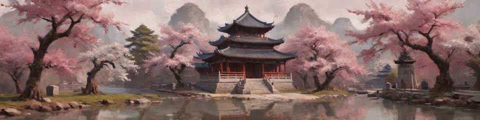 Fototapeta premium An ancient Chinese temple surrounded by blossoming cherry trees, rendered with thick, textured oil layers to emphasize the serene and timeless quality, Generative AI