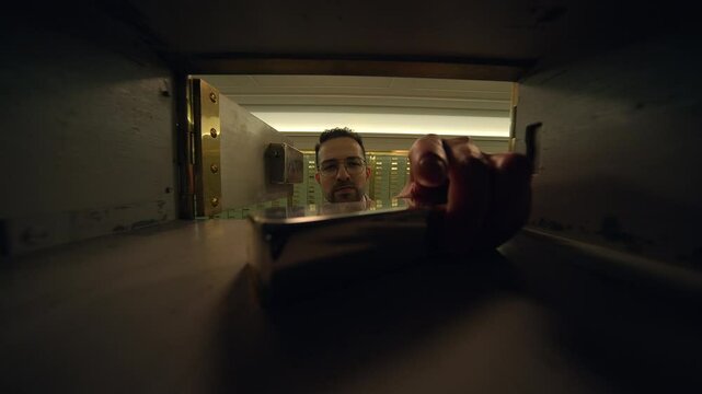A man is opening a secure deposit box in a vault, accessing banking services with utmost security