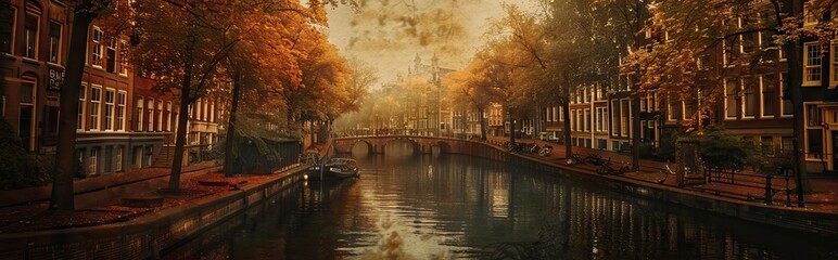 Retro image of Prinsengracht Canal, Amsterdam, The Netherlands. Paper texture. AI generated illustration