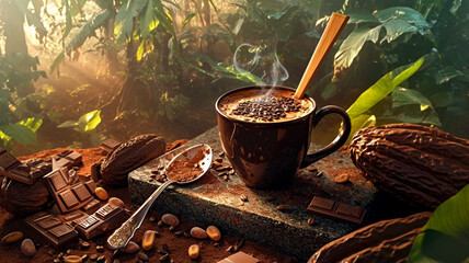 Cocoa and chocolate in a jungle setting