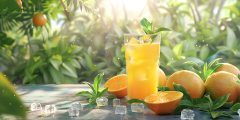 Orange juice in the background of nature
