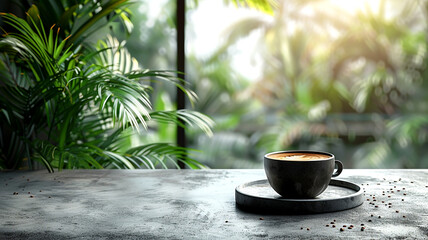 Coffee cup on table with window view