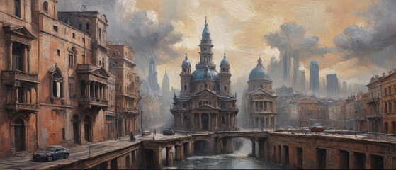 A surreal oil painting on canvas, featuring thick, raised layers of paint that blend organic and geometric textures into a captivating, otherworldly architectural scene, Generative AI.