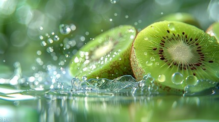 Kiwifruit and water photography, light green background, surreal still life photography, macro shots of tropical fruits
