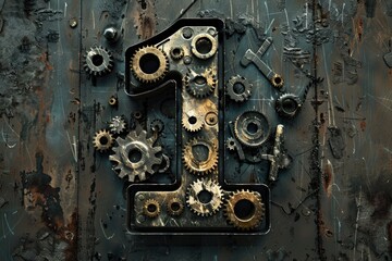 A close-up of a metal number one formed by a series of interlocking gears, surrounded by additional cogs on a textured background