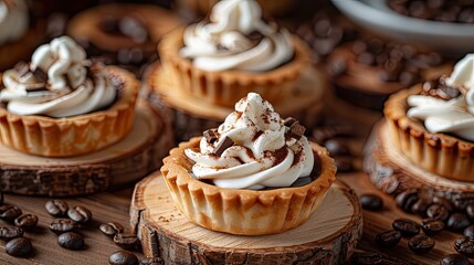 Coffee Tart Delight Delicious coffee tarts, topped with fluffy whipped cream and a touch of chocolate, are arranged artfully on wood slices, surrounded by aromatic coffee beans