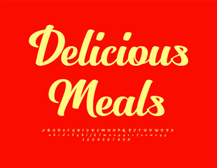 Vector artistic Emblem Delicious Meals. Modern Cursive Font, Creative Alphabet Letters and Numbers set.