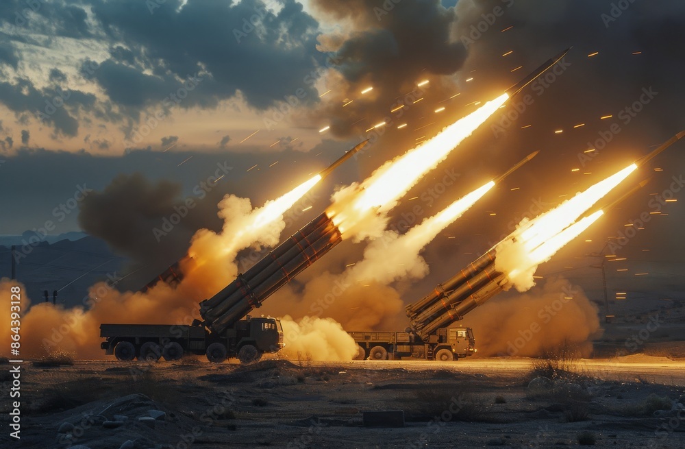 Canvas Prints Military Missile Launch System Firing Missiles at Night