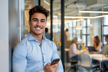 Fototapeta premium A young man in a blue shirt stands in an office, smiling at the camera while holding his phone