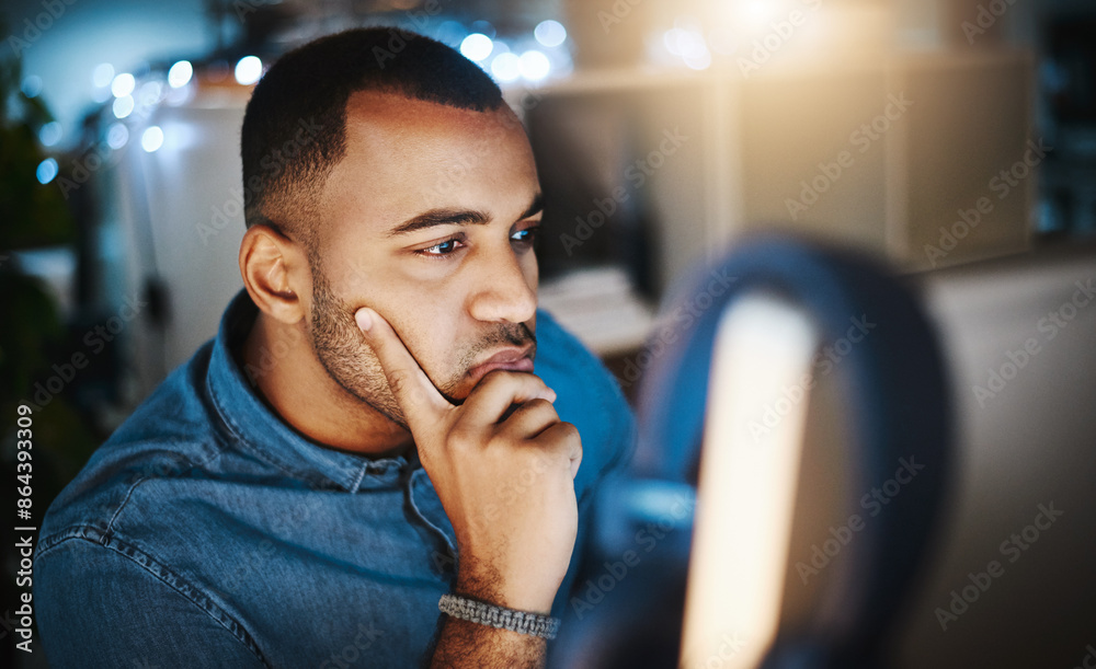 Poster businessman, thinking and night with computer for research, project deadline or business decision at