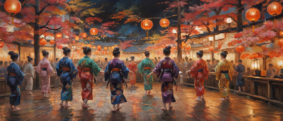 A vibrant depiction of a Japanese festival with dancers and lanterns, rendered in thick, expressive oil paint to capture the energy and movement, Generative AI