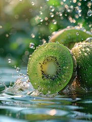 Kiwifruit and water photography, light green background, surreal still life photography, macro shots of tropical fruits