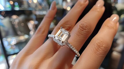 Finger wearing a luxury baguette and solitaire diamond band engagement ring.
