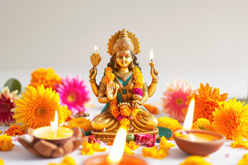 A colourful and beautiful lord Laxmi statue sits on a table surrounded by flowers and candles