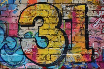 Fototapeta premium A close-up shot of the number 31 painted in black and yellow on a brick wall with colorful graffiti