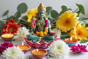 A colourful and beautiful lord Laxmi statue sits on a table surrounded by flowers and candles