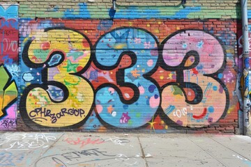 A vibrant, colorful graffiti mural depicting the number 333 on a brick wall in an urban alley