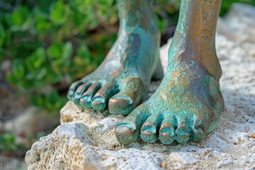 A close-up of a bronze statues feet, weathered and green, as they step onto a white rock, showcasing the detail and artistry of the sculpture