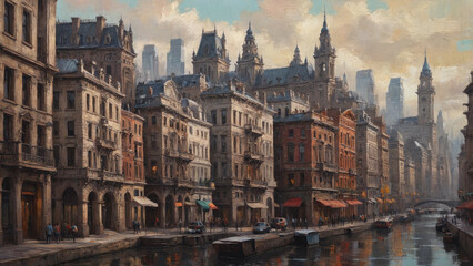 Fototapeta premium An oil painting on canvas featuring a majestic cityscape with intricate architectural details, thick layers of paint, and raised textures, creating a vibrant and textured urban scene, Generative AI