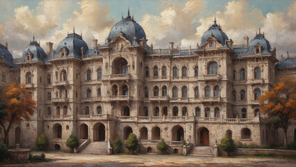 Obraz premium A dynamic oil painting on canvas of a bustling urban center, where thick, raised layers of paint capture the mix of architecture and the energetic pulse of the city, Generative AI.