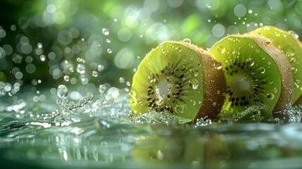 Kiwifruit and water photography, light green background, surreal still life photography, macro shots of tropical fruits