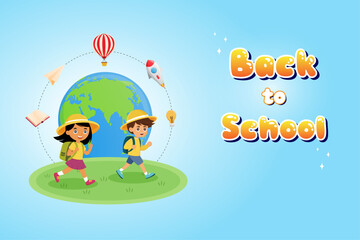 Fototapeta premium back to school poster banner children boy and girl student creative education cute colorfull illustration design