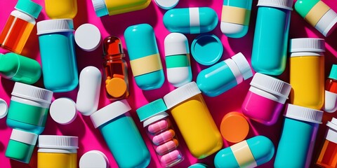 A colorful pop-art style illustration of various pills, bottles, and medical supplies against a vibrant background.