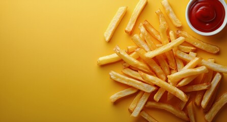 Crispy French Fries With Ketchup on a Yellow Background