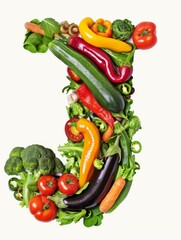 Letter J, vegetables font on white background