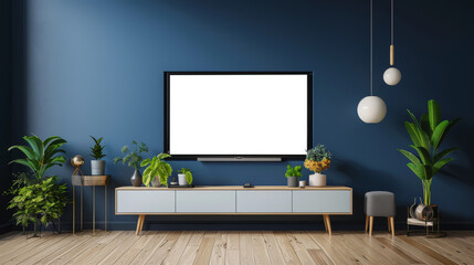 Smart TV on the dark blue wall in living room,minimal design- 3D rendering