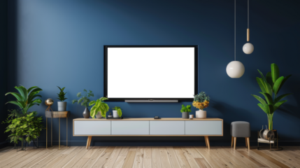 Smart TV on the dark blue wall in living room,minimal design- 3D rendering
