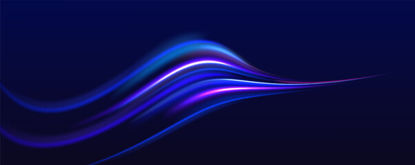 Long exposure of motorways as speed. Neon spiral lines in yellow blue and purple colors. Image of speed motion on the road.