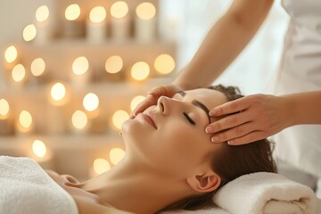 Fototapeta premium A woman relaxes as a therapist gently massages her face, creating a sense of calm and rejuvenation