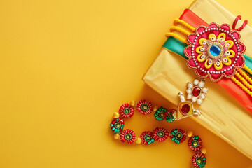 Wristband or rakhi with gift box on yellow background