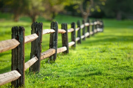 A wooden fence stretches across a lush green meadow on a sunny day