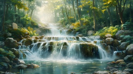 Obraz premium A watercolor landscape of a mountain stream, crystal-clear water cascading over rocks, dense forest on either side, sunlight filtering through the trees, creating a serene and tranquil setting.