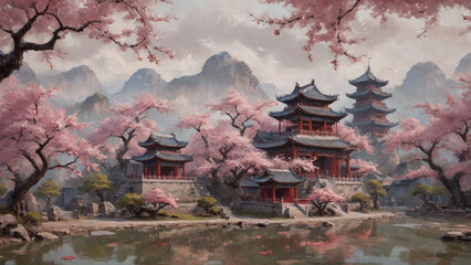 Fototapeta premium An ancient Chinese temple surrounded by blossoming cherry trees, rendered with thick, textured oil layers to emphasize the serene and timeless quality, Generative AI