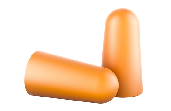 Orange Disposable Earplugs. Pair of Soft PU Foam Bullet Earplugs. 3D rendering isolated on transparent background